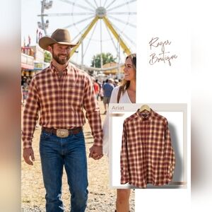 🌿Ariat Mens Size Large Tango Red Plaid Longsleeve Stretch Pro Series Shirt